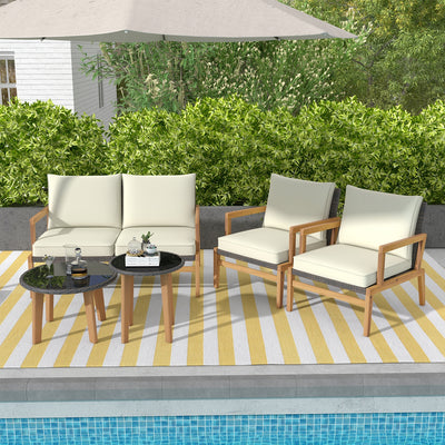 5 Pieces Rattan Furniture Set Wicker Woven Sofa Set with 2 Coffee Tables-Off White