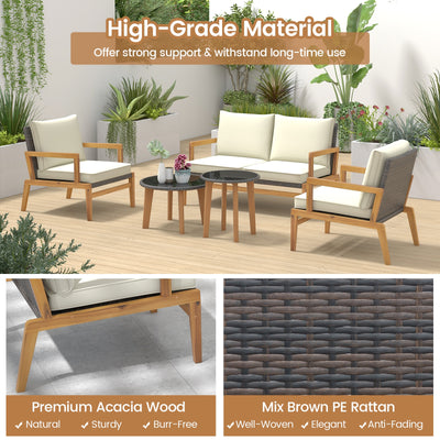 5 Pieces Rattan Furniture Set Wicker Woven Sofa Set with 2 Coffee Tables-Off White