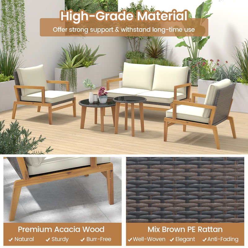 5 Pieces Rattan Furniture Set Wicker Woven Sofa Set with 2 Coffee Tables-Off White