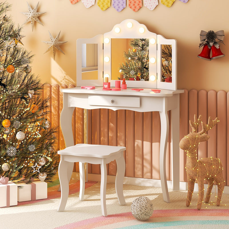 Kid Vanity Table Stool Set with Tri-Folding Mirror and 3-Color LED Lights-White