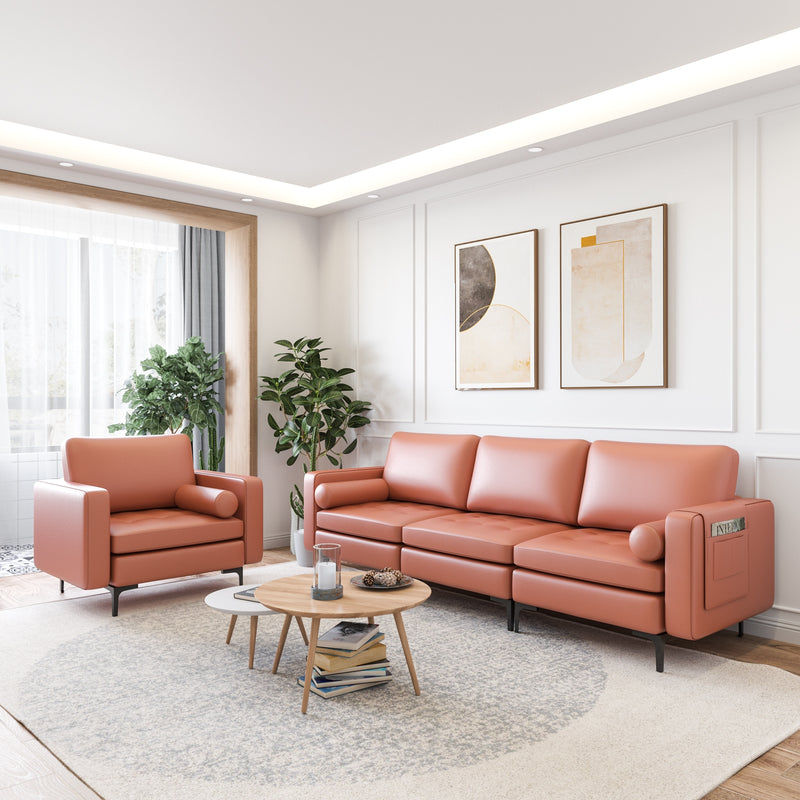 Modular 3-Seat Sofa Couch with Socket USB Ports and Side Storage Pocket-Red