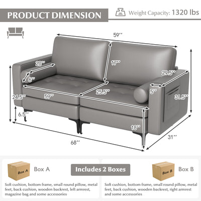 Modern Loveseat Sofa with 2 Bolsters and Side Storage Pocket-Light Gray