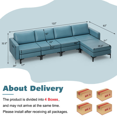 Modular L-shaped Sectional Sofa with Reversible Ottoman and 2 USB Ports-Blue