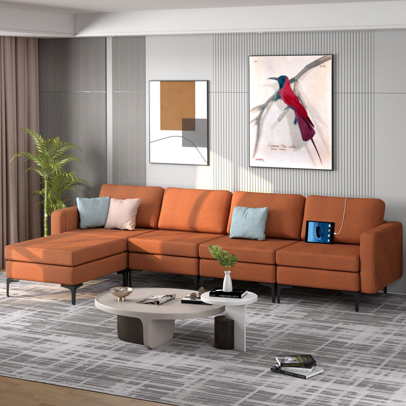Modular L-shaped Sectional Sofa with Reversible Ottoman and 2 USB Ports-Orange