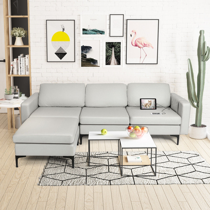 Modular Modern L-shaped Sectional Sofa with Reversible Chaise and 2 USB Ports-Light Gray