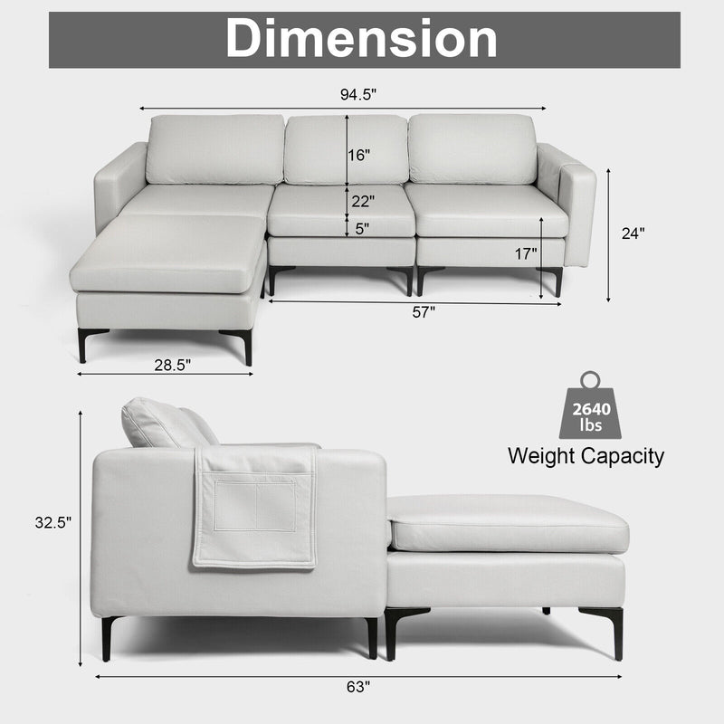 Modular Modern L-shaped Sectional Sofa with Reversible Chaise and 2 USB Ports-Light Gray