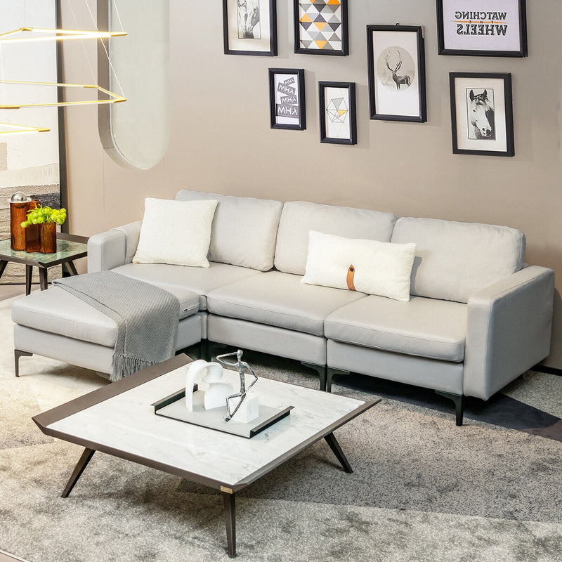 Modular Modern L-shaped Sectional Sofa with Reversible Chaise and 2 USB Ports-Light Gray