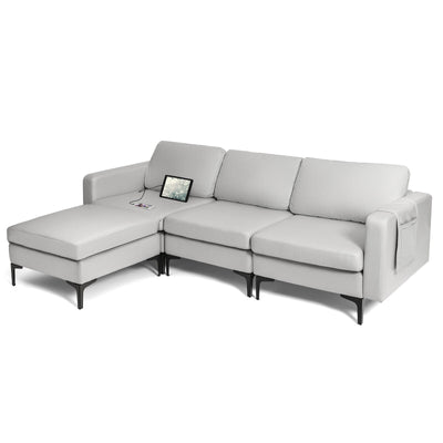 Modular Modern L-shaped Sectional Sofa with Reversible Chaise and 2 USB Ports-Light Gray