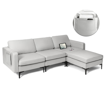 Modular Modern L-shaped Sectional Sofa with Reversible Chaise and 2 USB Ports-Light Gray