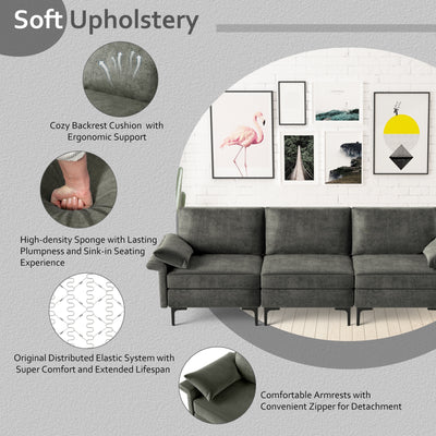 Large 3-Seat Sofa Sectional with Metal Legs and 2 USB Ports for 3-4 people-Silver