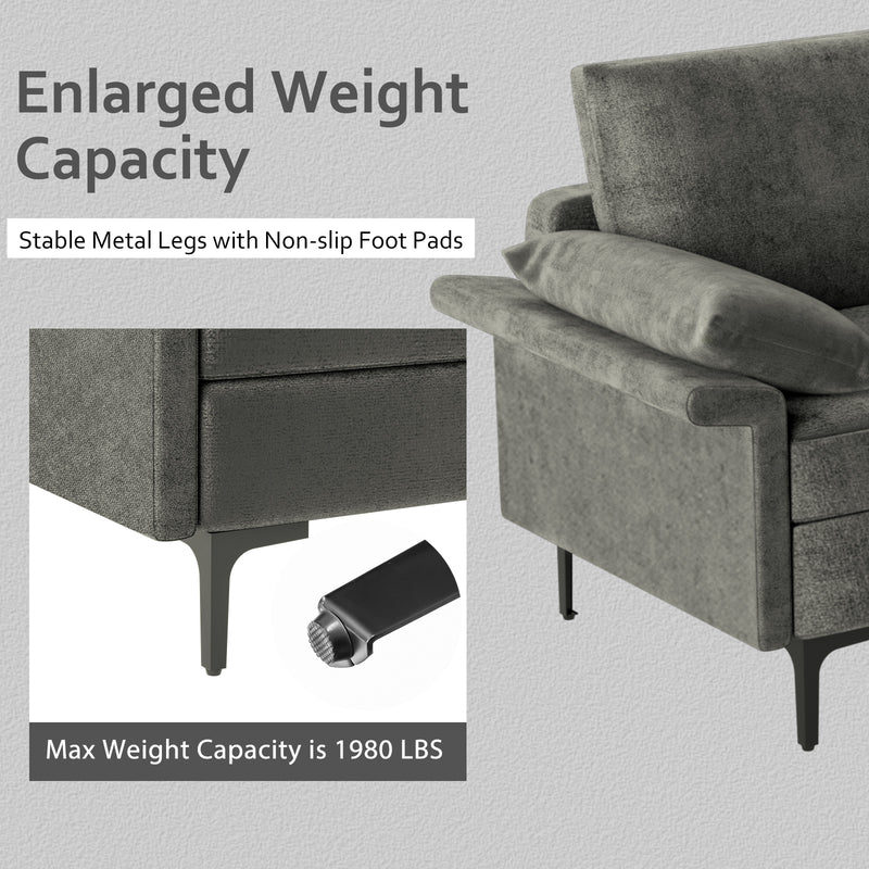 Large 3-Seat Sofa Sectional with Metal Legs and 2 USB Ports for 3-4 people-Silver