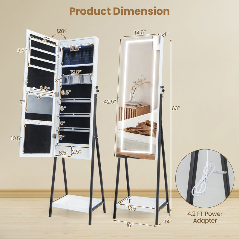 LED Standing Jewelry Mirror Cabinet with 3-Color Lighted Full-Length Mirror-White