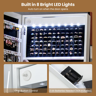 LED Standing Jewelry Mirror Cabinet with 3-Color Lighted Full-Length Mirror-White
