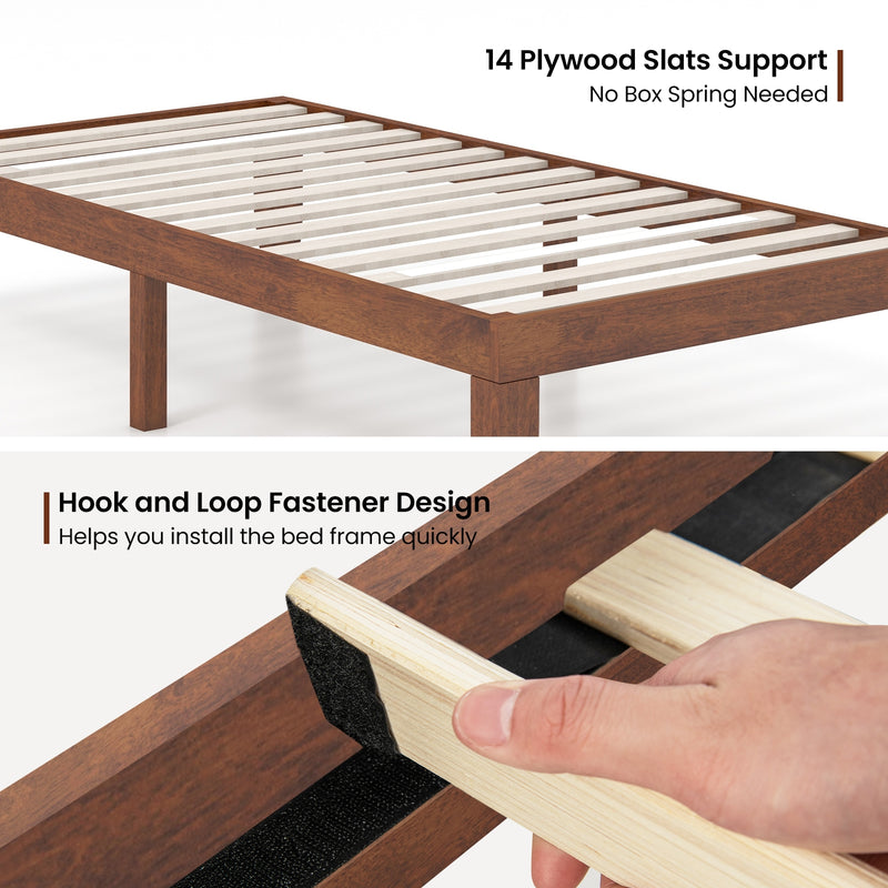 14 Inch Twin Size Rubber Wood Platform Bed Frame with Wood Slat Support-Walnut