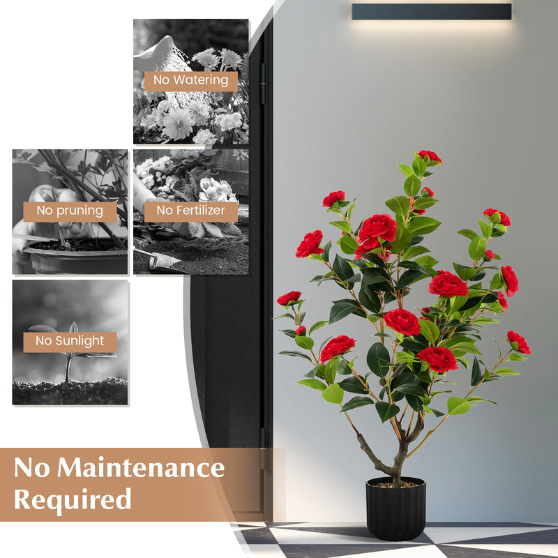 38 Inch Artificial Camellia Tree Faux Flower Plant in Cement Pot 2 Pack-Red