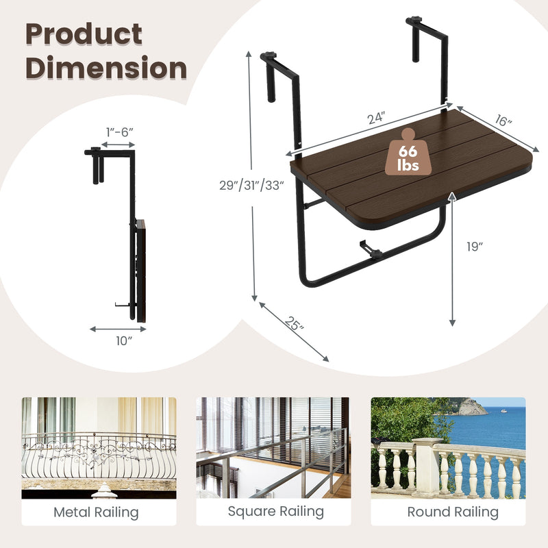 Folding Hanging Table with 3-Level Adjustable Height for Patio Balcony - Coffee