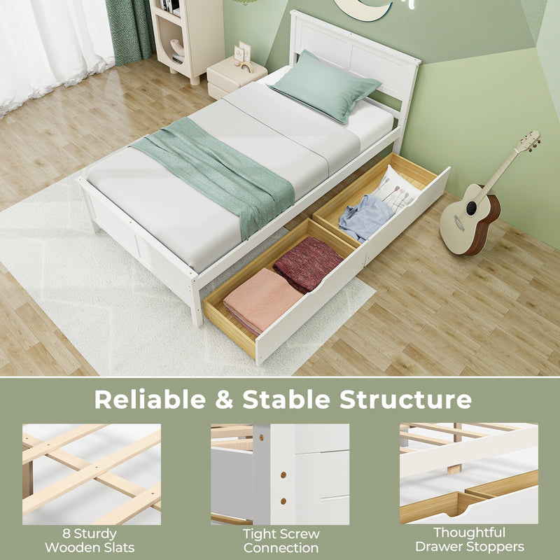 Twin Size Bed Frame with Storage Drawers-White
