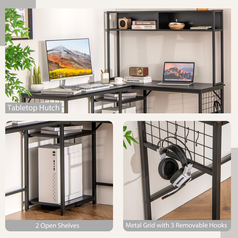 L-shaped Desk with Power Outlet Hutch-Black