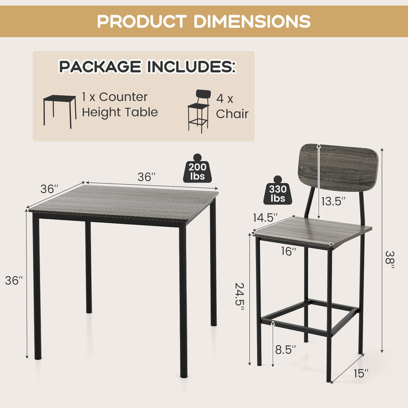 5-Piece Counter-Height Dining Bar Table Set with 4 Bar Chairs-Gray