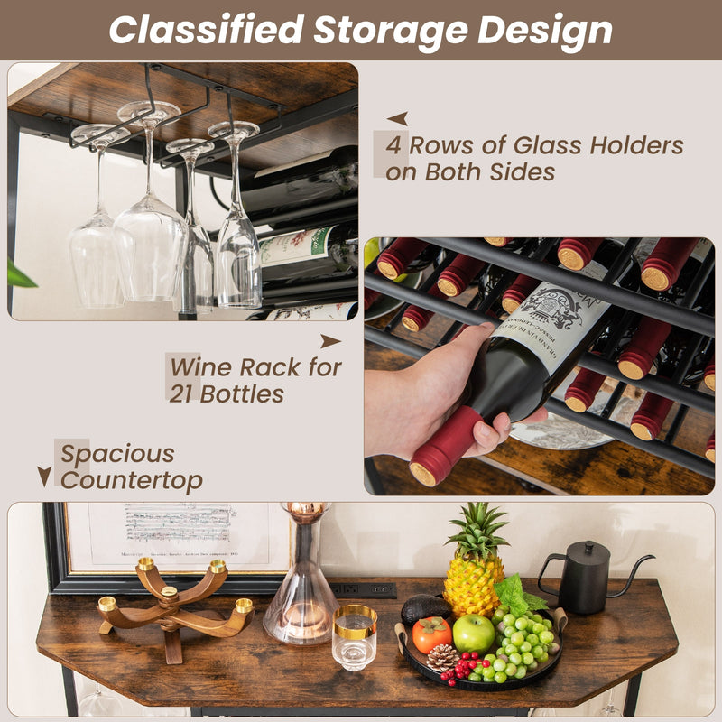 3-Tier Wine Bar Cabinet with Storage Shelves-Brown