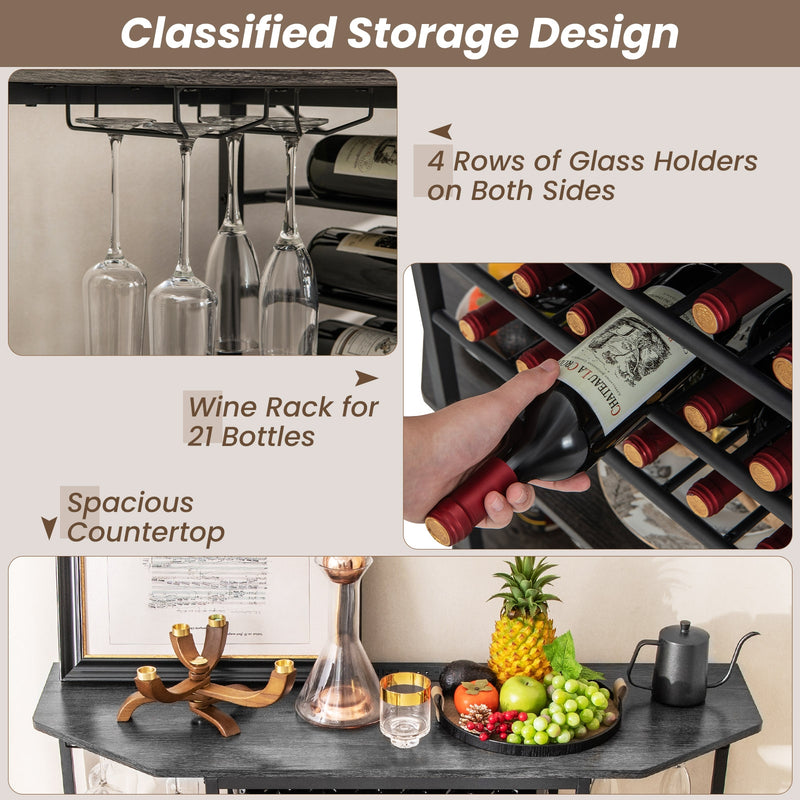 3-Tier Wine Bar Cabinet with Storage Shelves-Gray
