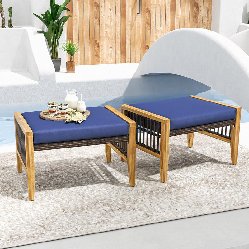 *Patio Acacia Wood Ottomans with Cushions and Versatile Rattan Woven Footstools - Navy