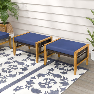 *Patio Acacia Wood Ottomans with Cushions and Versatile Rattan Woven Footstools - Navy