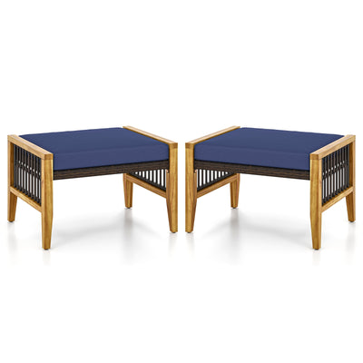 *Patio Acacia Wood Ottomans with Cushions and Versatile Rattan Woven Footstools - Navy