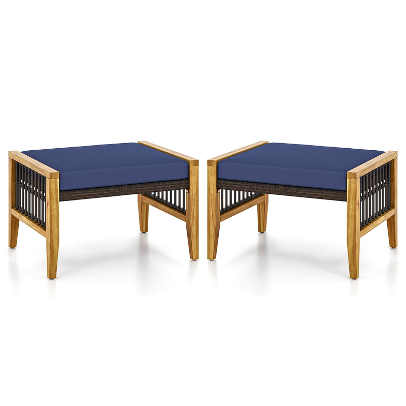 *Patio Acacia Wood Ottomans with Cushions and Versatile Rattan Woven Footstools - Navy
