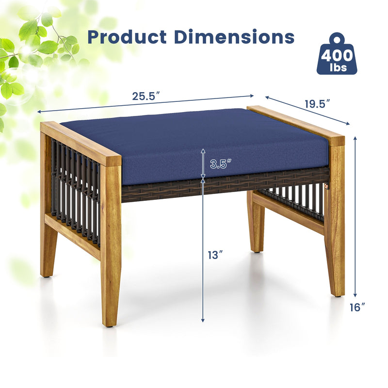 *Patio Acacia Wood Ottomans with Cushions and Versatile Rattan Woven Footstools - Navy