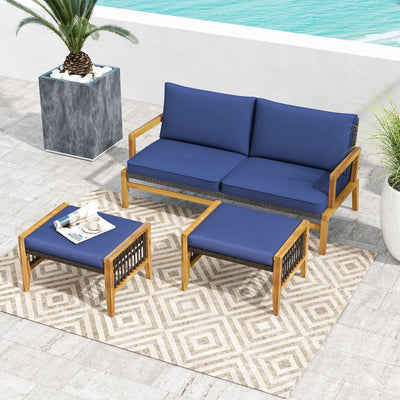 *Patio Acacia Wood Ottomans with Cushions and Versatile Rattan Woven Footstools - Navy