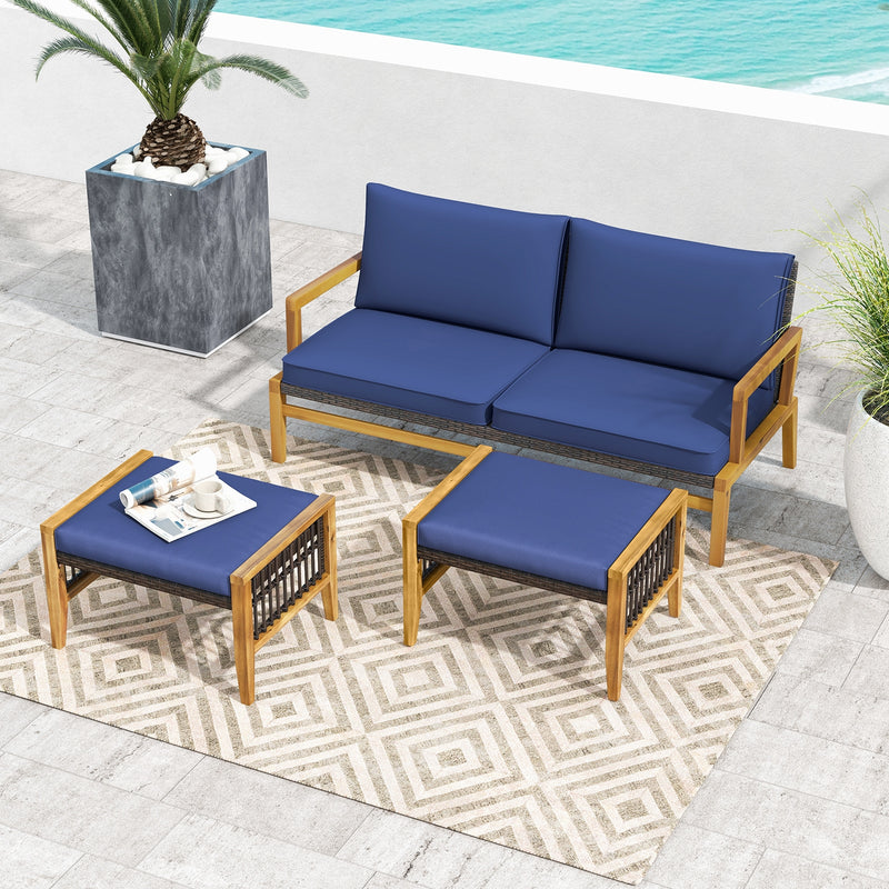 *Patio Acacia Wood Ottomans with Cushions and Versatile Rattan Woven Footstools - Navy