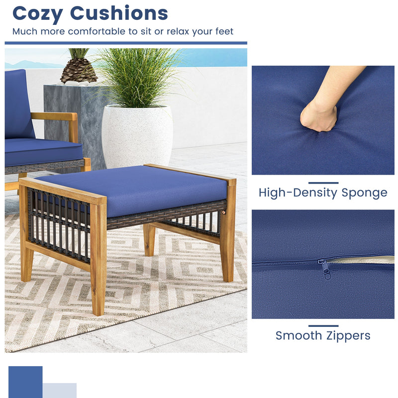 *Patio Acacia Wood Ottomans with Cushions and Versatile Rattan Woven Footstools - Navy