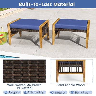 *Patio Acacia Wood Ottomans with Cushions and Versatile Rattan Woven Footstools - Navy