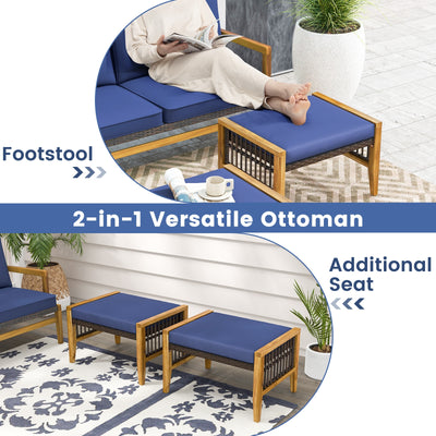 *Patio Acacia Wood Ottomans with Cushions and Versatile Rattan Woven Footstools - Navy