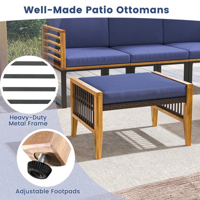 *Patio Acacia Wood Ottomans with Cushions and Versatile Rattan Woven Footstools - Navy
