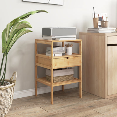 Nightstand Bamboo End Table with 2 Open Shelves and Drawer-Set of 2