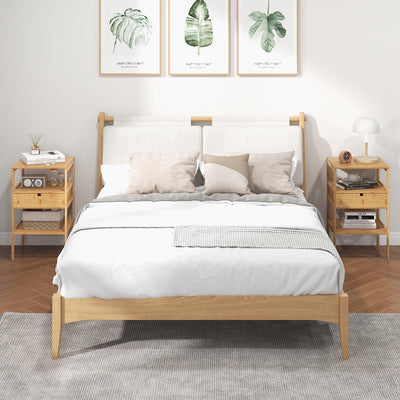 Nightstand Bamboo End Table with 2 Open Shelves and Drawer-Set of 2