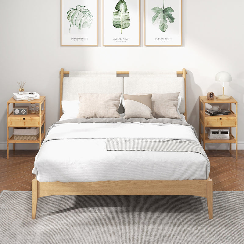 Nightstand Bamboo End Table with 2 Open Shelves and Drawer-Set of 2
