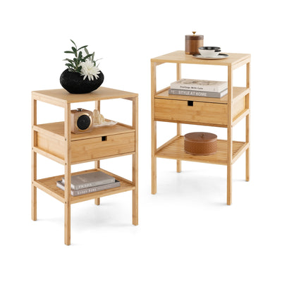 Nightstand Bamboo End Table with 2 Open Shelves and Drawer-Set of 2