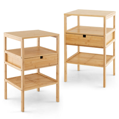 Nightstand Bamboo End Table with 2 Open Shelves and Drawer-Set of 2