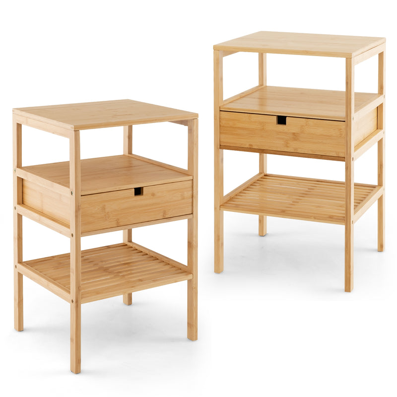 Nightstand Bamboo End Table with 2 Open Shelves and Drawer-Set of 2