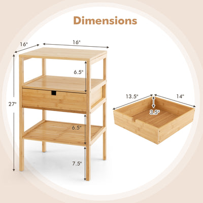 Nightstand Bamboo End Table with 2 Open Shelves and Drawer-Set of 2
