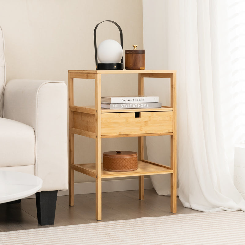 Nightstand Bamboo End Table with 2 Open Shelves and Drawer-Set of 2