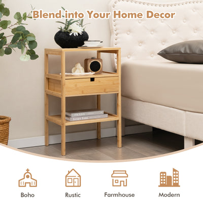 Nightstand Bamboo End Table with 2 Open Shelves and Drawer-Set of 2