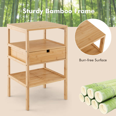 Nightstand Bamboo End Table with 2 Open Shelves and Drawer-Set of 2