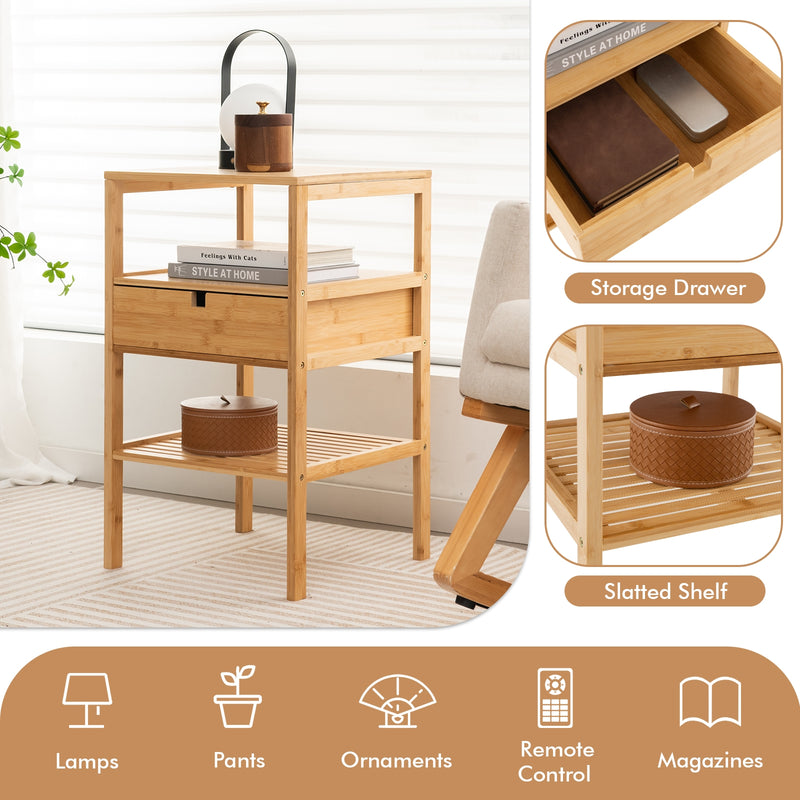 Nightstand Bamboo End Table with 2 Open Shelves and Drawer-Set of 2