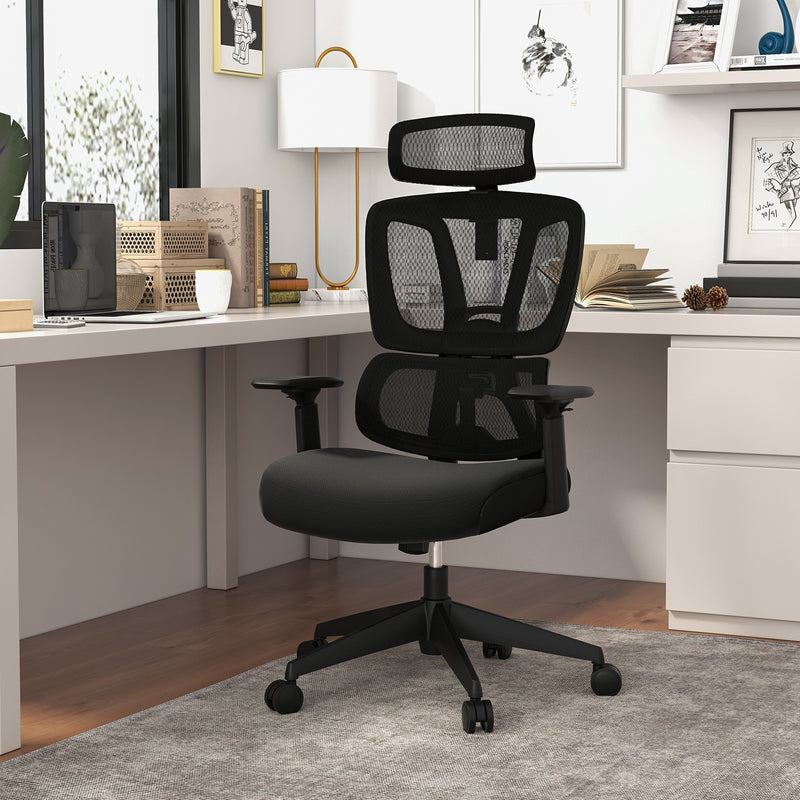 *Ergonomic Office Chair with N Type Lumbar Support and Adjustable Headrest - Black