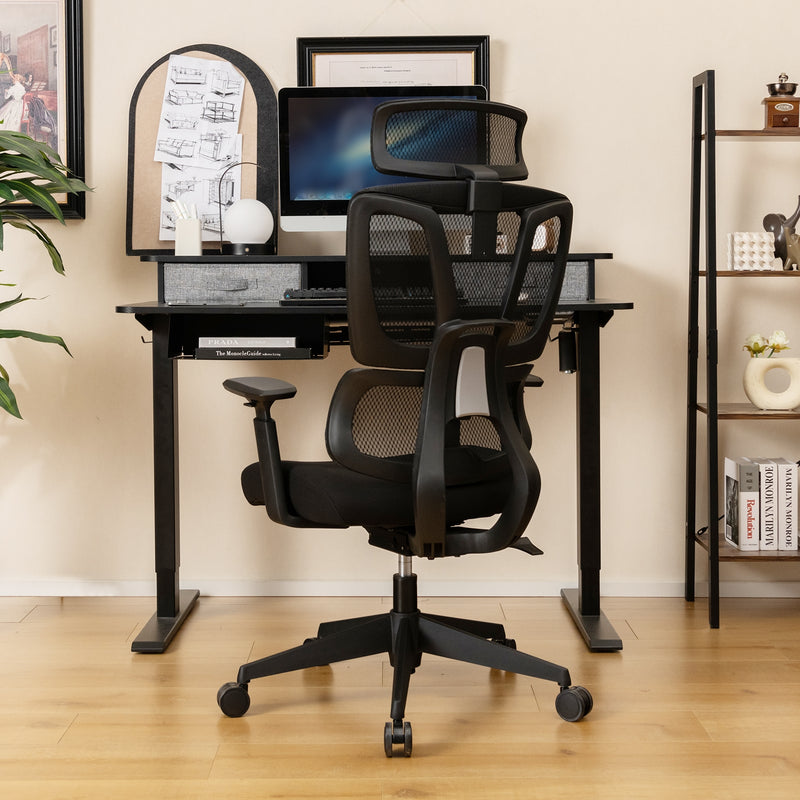 *Ergonomic Office Chair with N Type Lumbar Support and Adjustable Headrest - Black