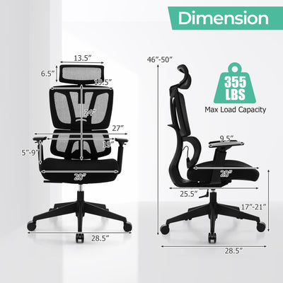 *Ergonomic Office Chair with N Type Lumbar Support and Adjustable Headrest - Black